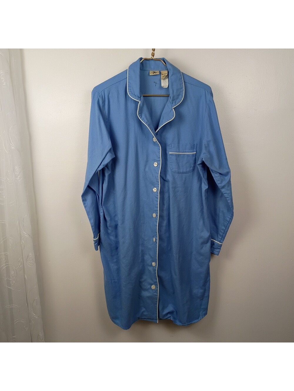 L.L. Bean Flannel Night Shirt Women's Size L Sleep Blue with White Piping